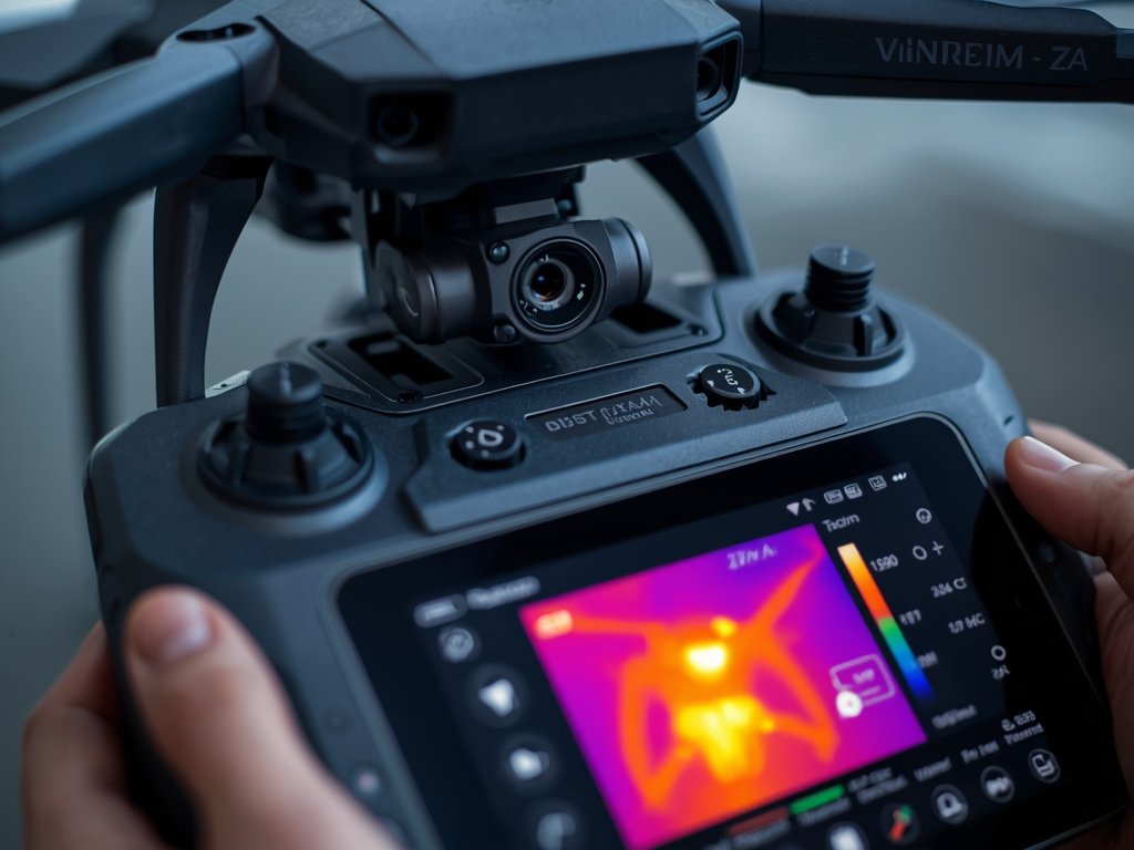 A close-up of a thermal camera drone's control panel, showing