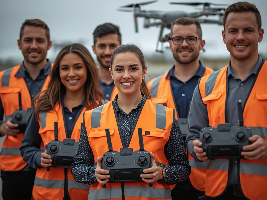 A close-up portrait of a diverse team of drone pilots,