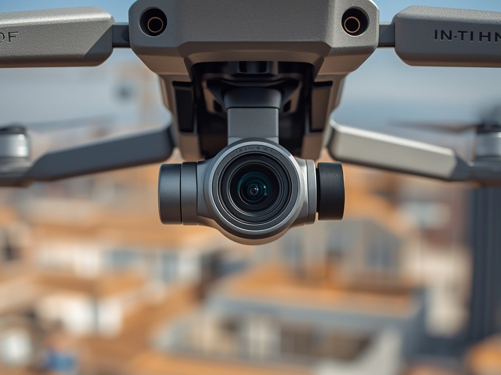 A close-up shot of a drone's camera gimbal, showcasing its