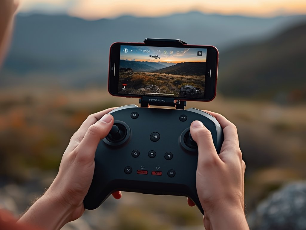 A close-up shot of a photographer's hands operating a drone