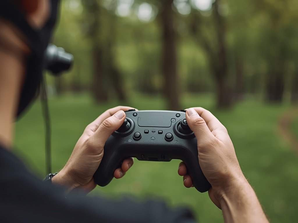 A close-up shot of a pilot's hands holding an FPV