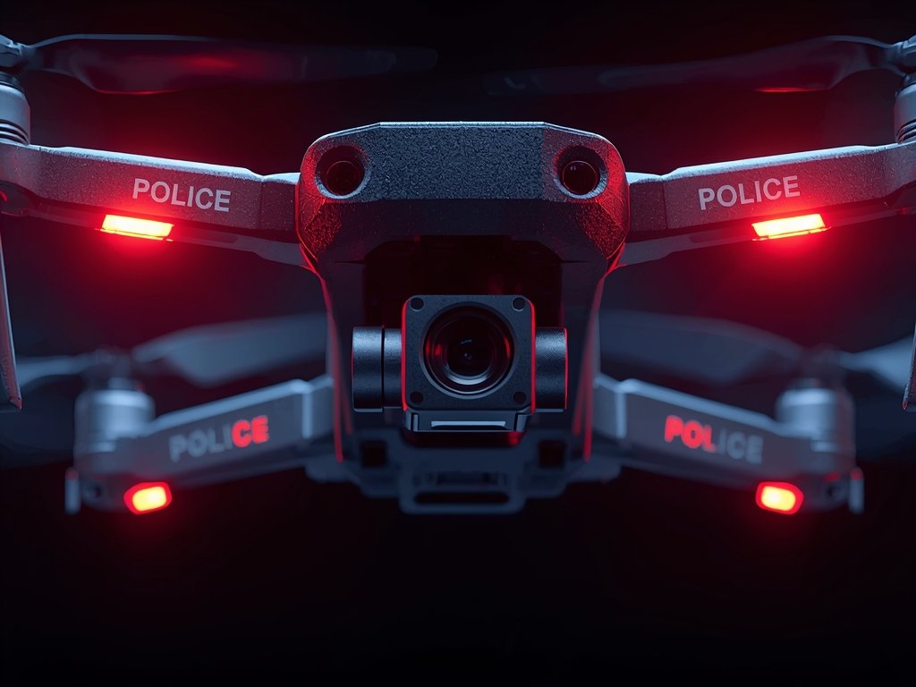 A close-up shot of a police drone with a high-resolution