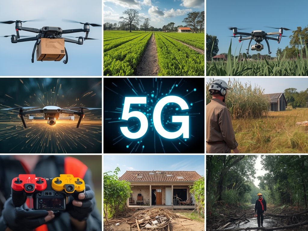 A collage of diverse drone applications, including package delivery, agricultural