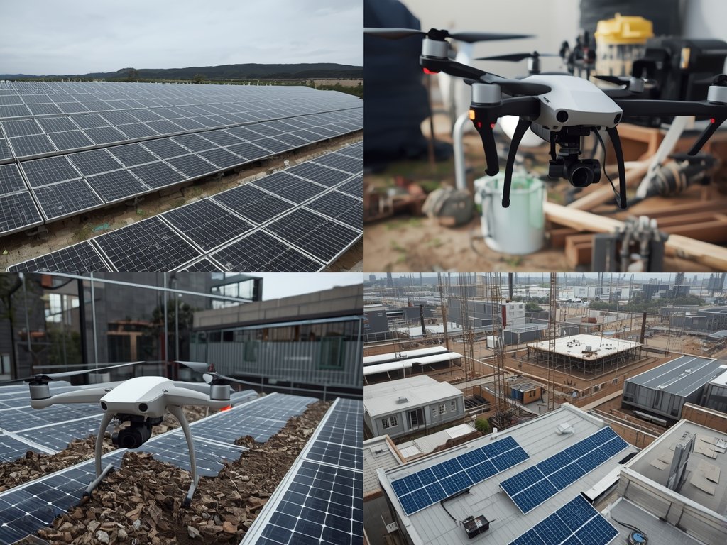 A collage of diverse drone inspection scenarios, including a solar