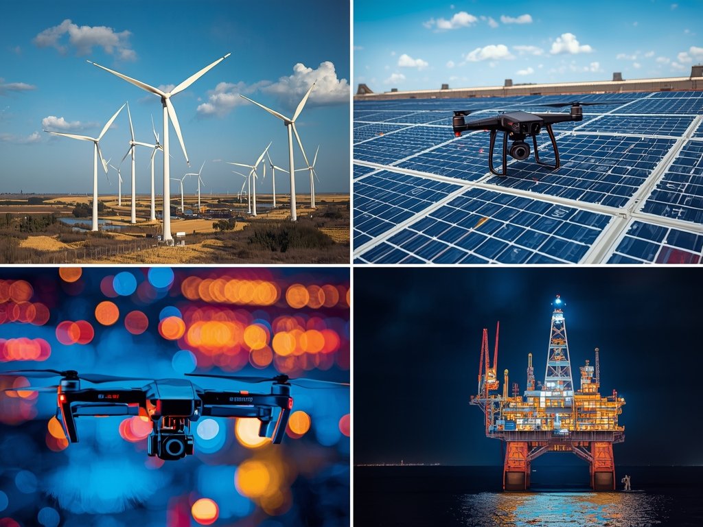 A collage of diverse industrial scenes - a wind turbine