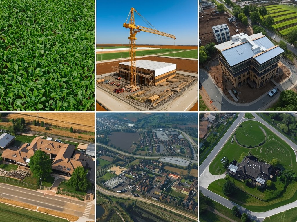 A collage of diverse industries benefiting from drone mapping: agriculture,