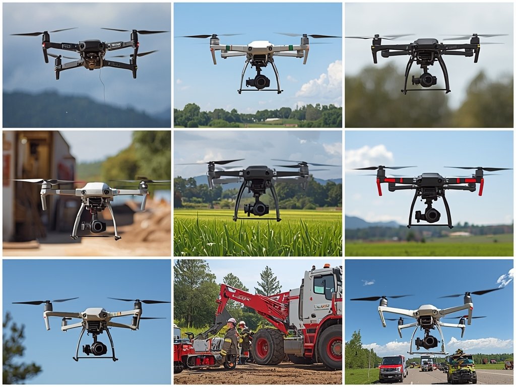 A collage of heavy lift drones in action across various
