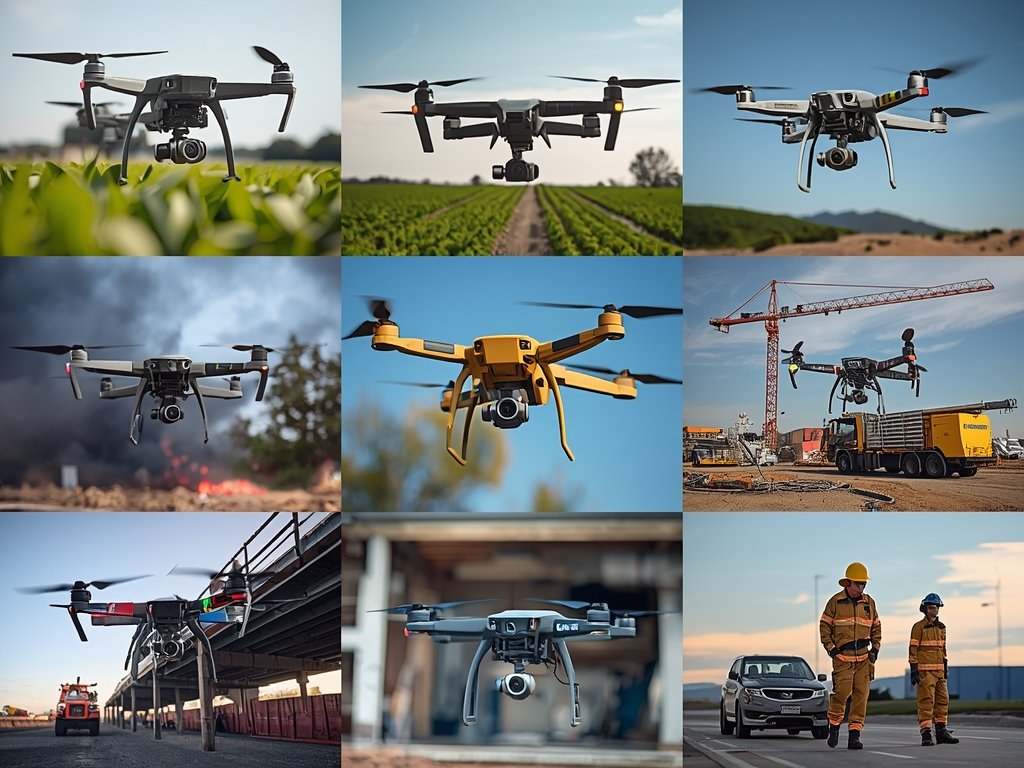 A collage of images showcasing drones in action across various