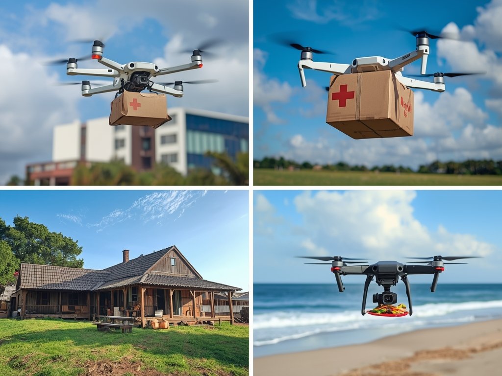 A collage of images showcasing various drone delivery scenarios: a