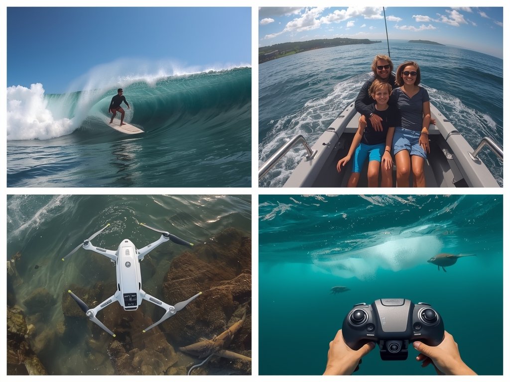 A collage of user-generated content featuring waterproof drones, including a