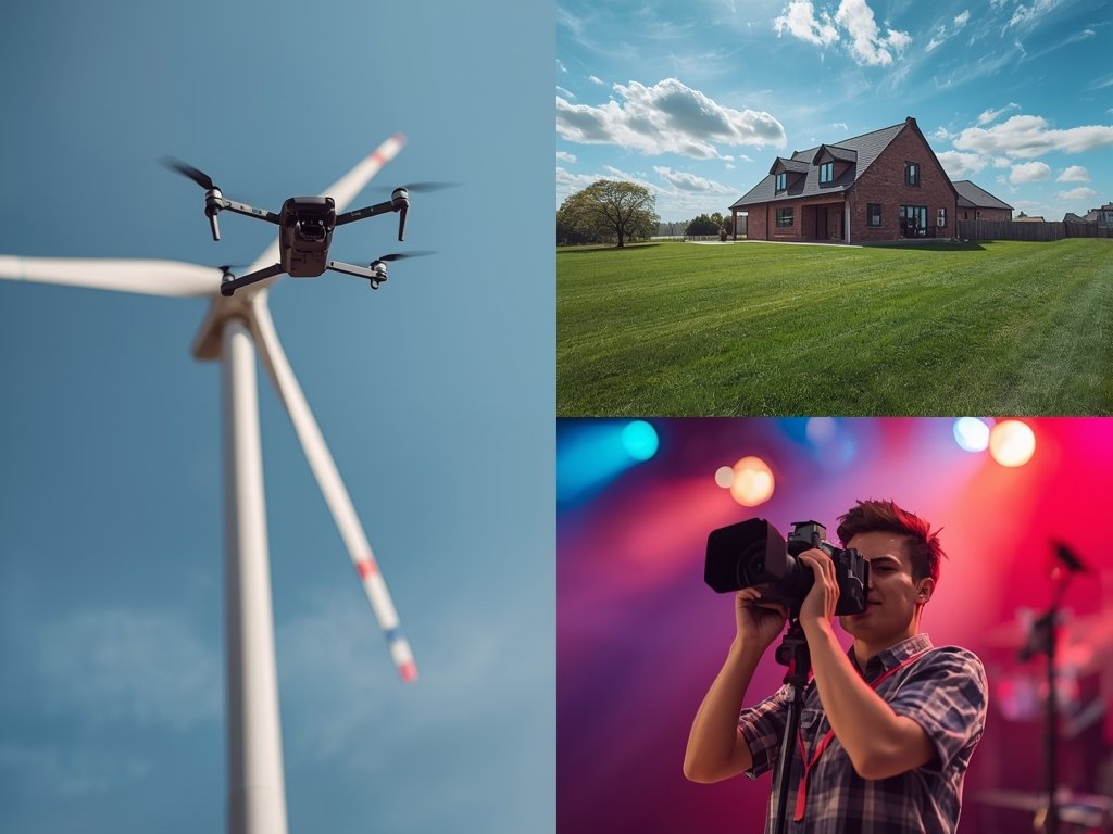 A collage showcasing diverse applications: a nano drone inspecting a
