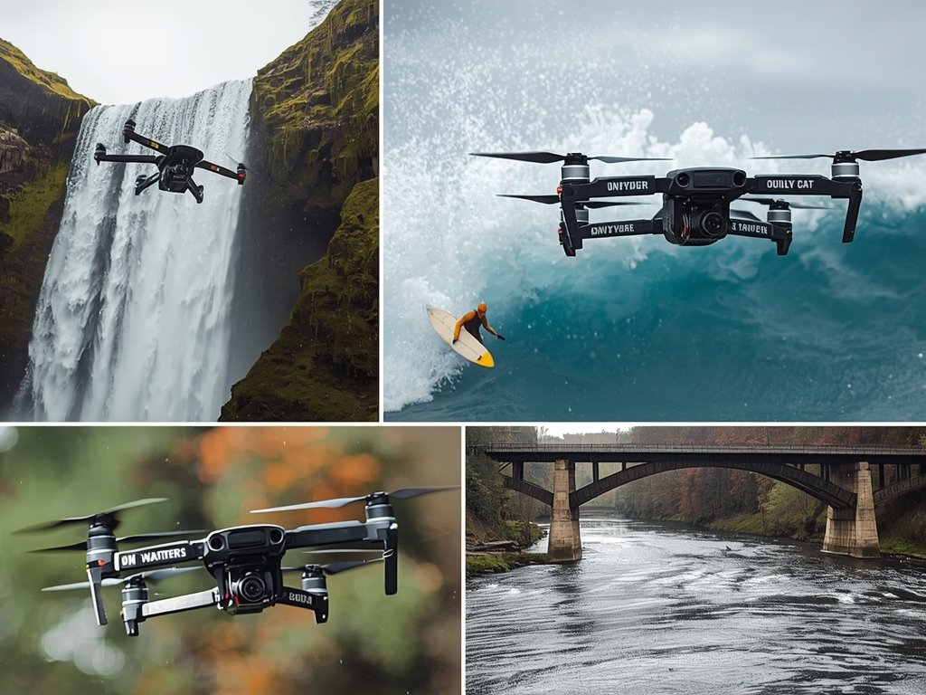 A collage showcasing three different waterproof drones in action: one