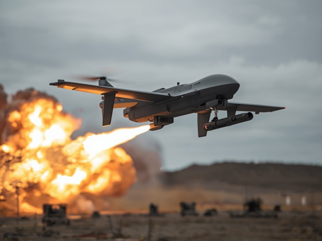 A combat drone launching a missile at a target, with