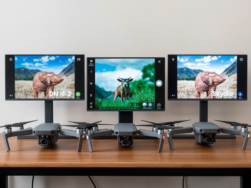 A comparison shot of three top drones (DJI Mavic 3,