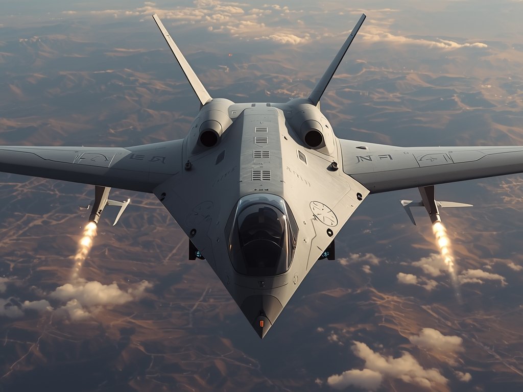 A conceptual rendering of a next-generation military drone, featuring advanced