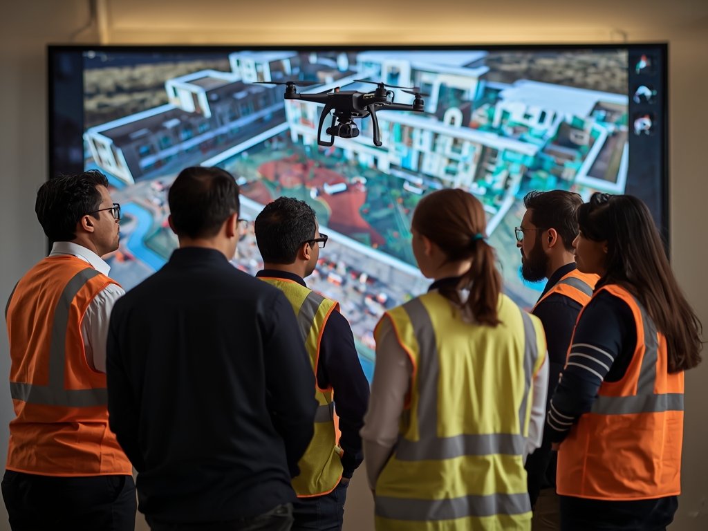A construction company's team reviewing drone-captured data on a large