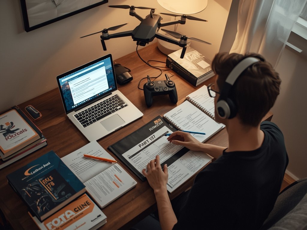 A cozy home office setup with a drone enthusiast studying