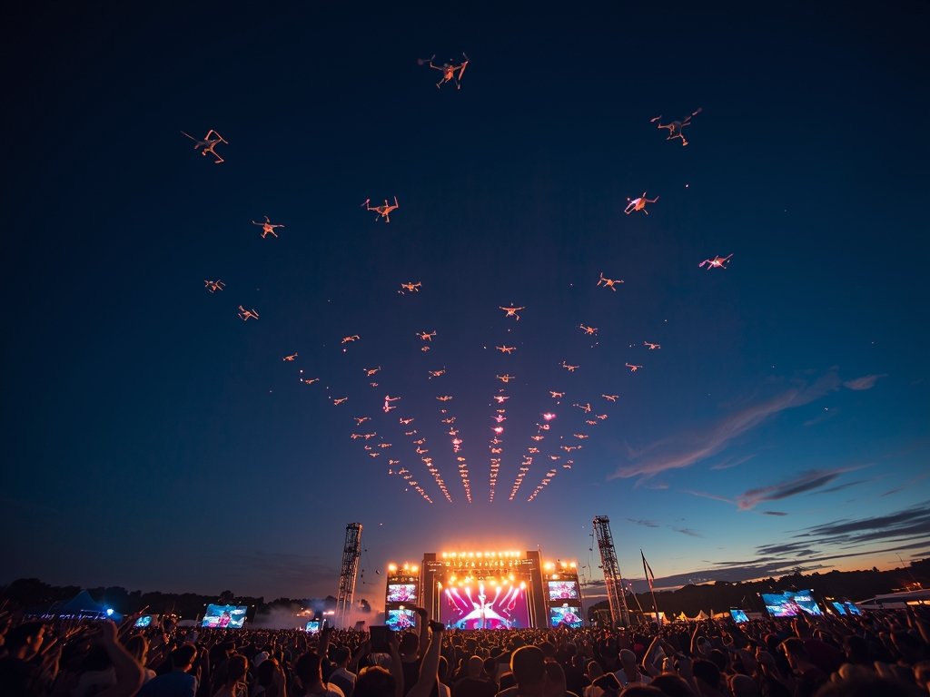 A crowd at a music festival looking up in awe