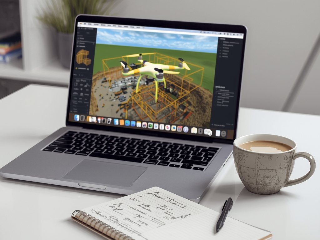 A desk setup with a laptop displaying a 3D model