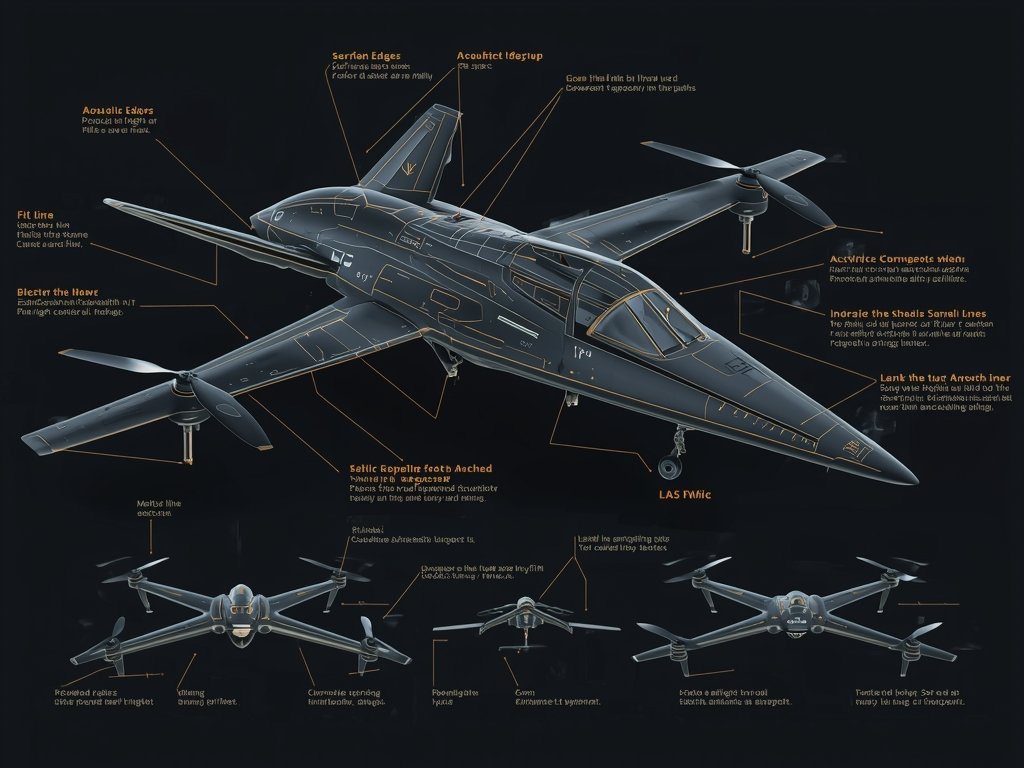 A detailed diagram illustrating the components of a stealth drone,