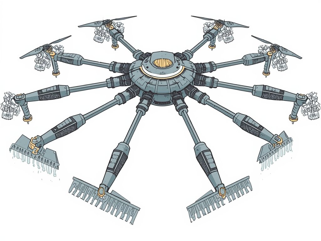 A detailed illustration of a large drone with multiple cleaning