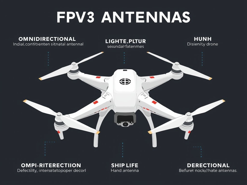 A detailed illustration of different types of FPV drone antennas,