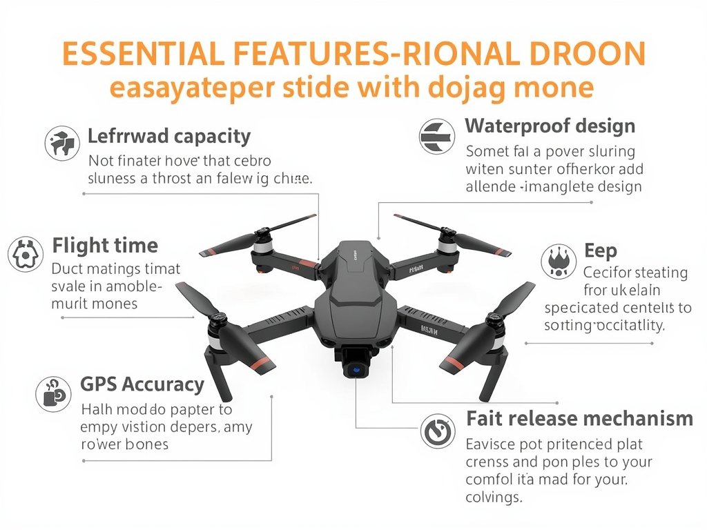 A detailed infographic highlighting essential features of a fishing drone,