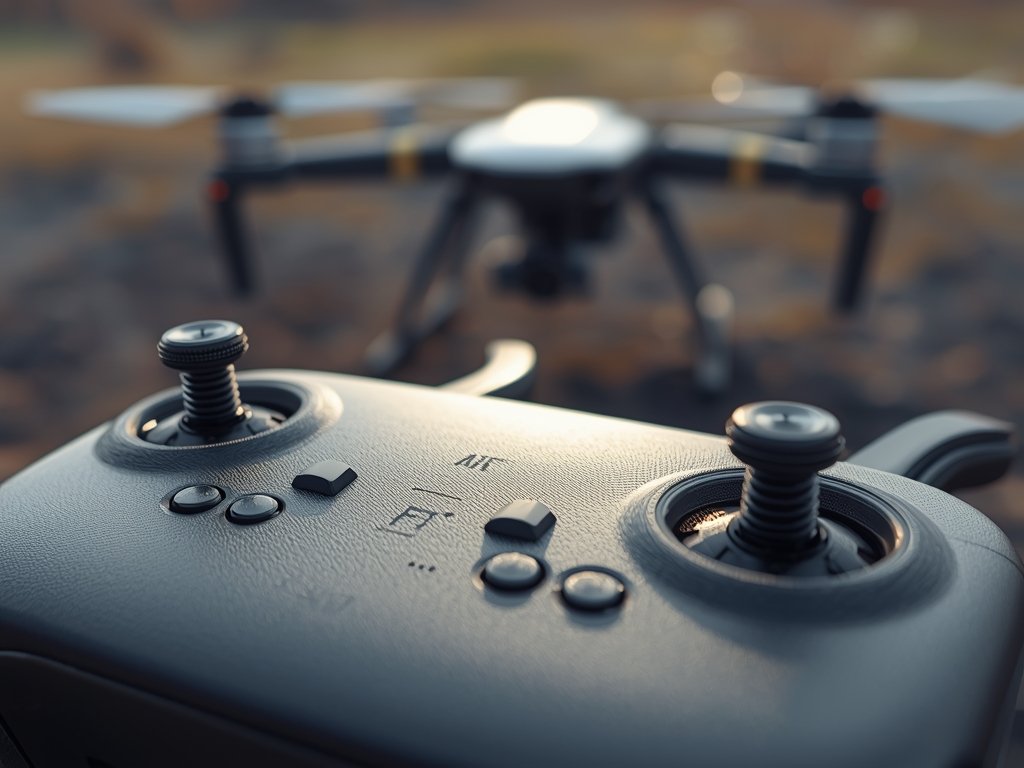 A detailed, photorealistic close-up of an FPV drone controller, highlighting