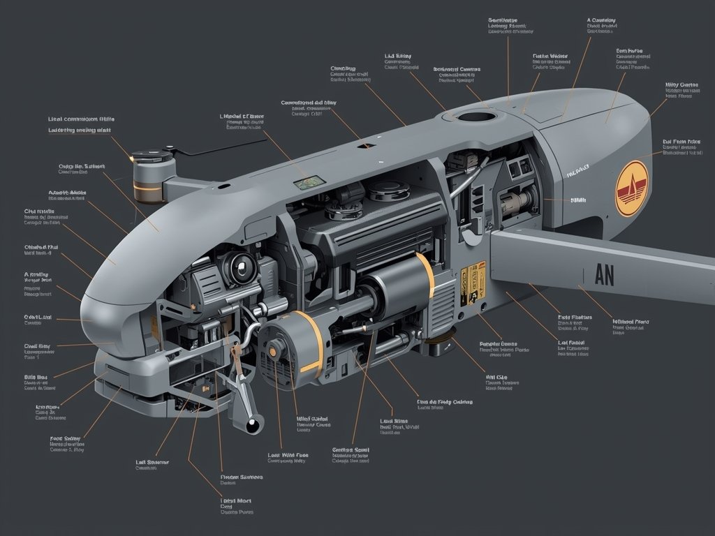 A detailed, photorealistic diagram of a military drone’s internal components,