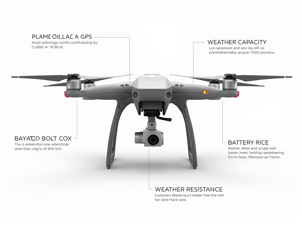 A detailed, photorealistic image of a drone with labeled key