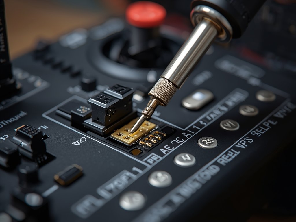 A detailed shot of a soldering iron being used to