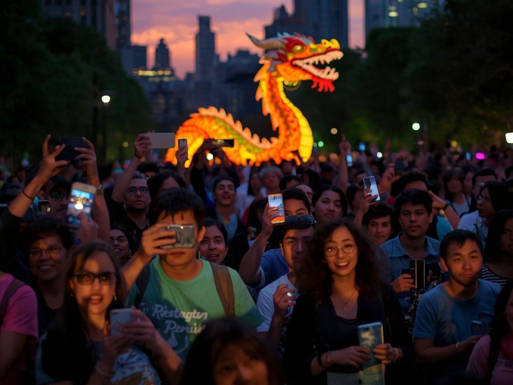 A diverse crowd of Americans gathered in a city park,