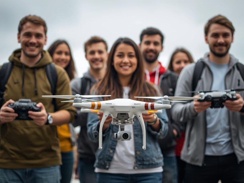 A diverse group of drone pilots (hobbyists, professionals, students) standing