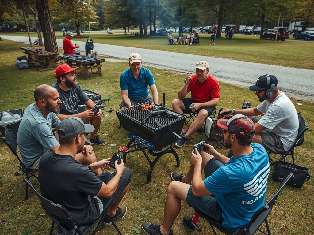 A diverse group of FPV drone pilots hanging out after