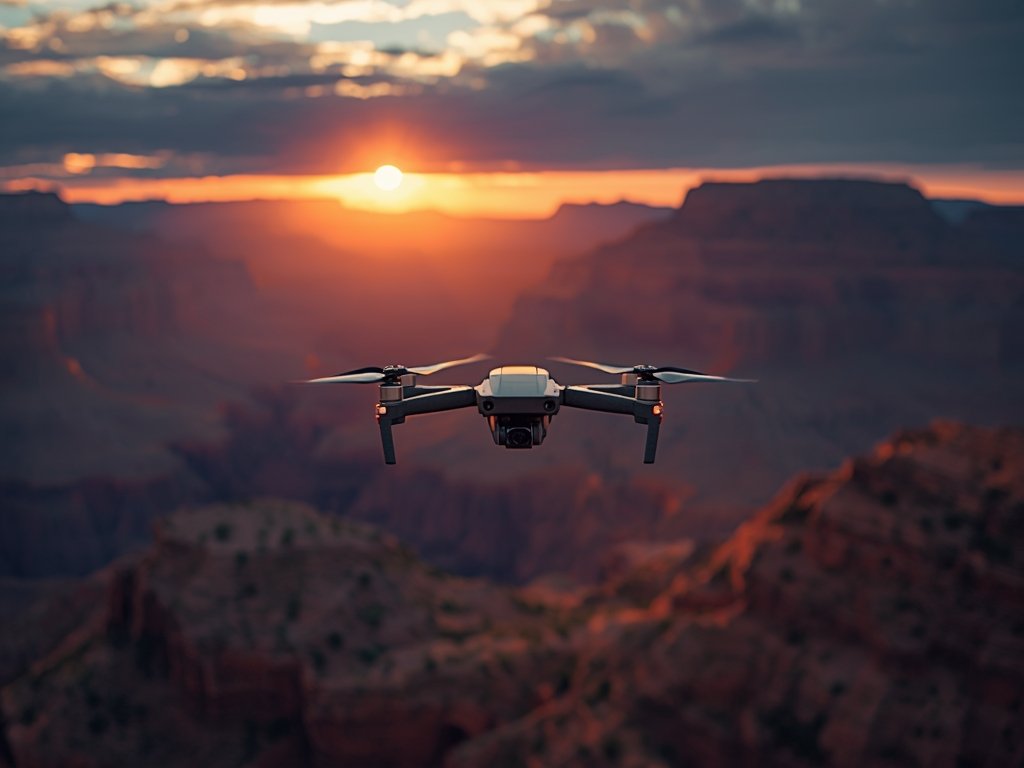 A dramatic aerial shot of a drone hovering over the