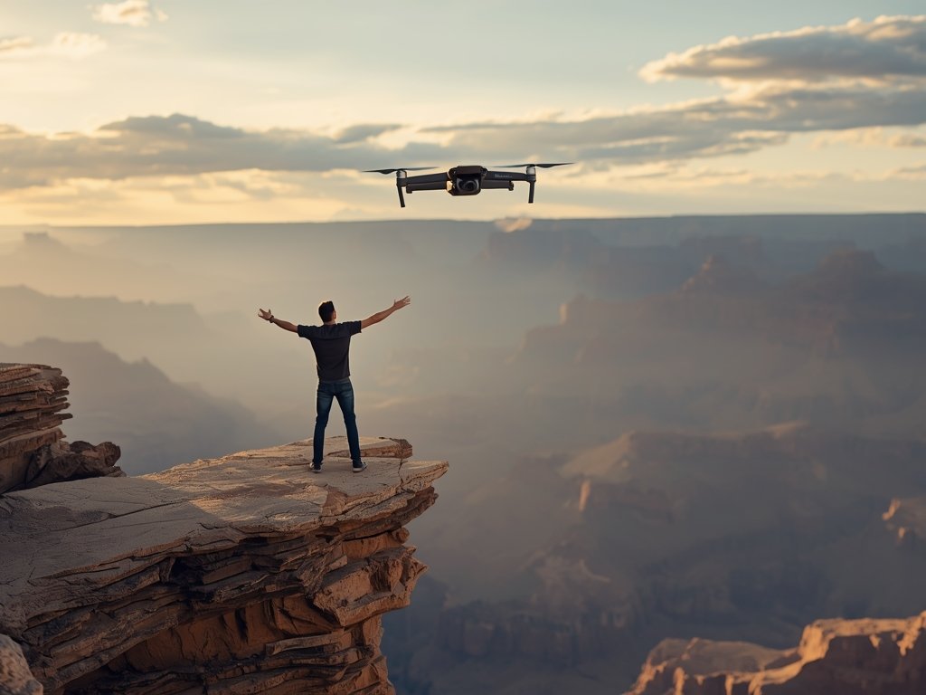 A dramatic, cinematic image of a drone flying away from