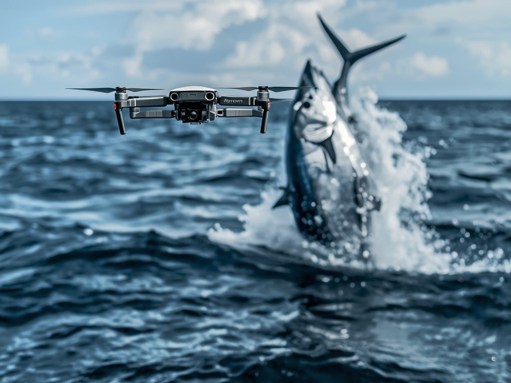 A dramatic image of a drone hovering over the ocean,