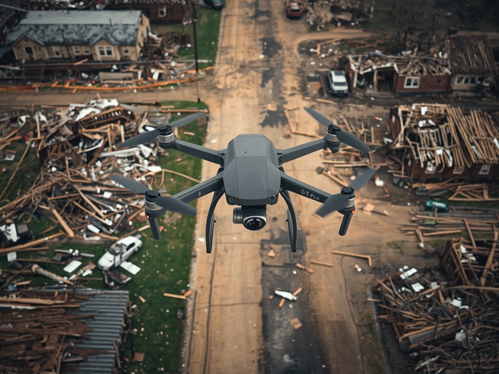 A dramatic image of a drone flying through a tornado-damaged