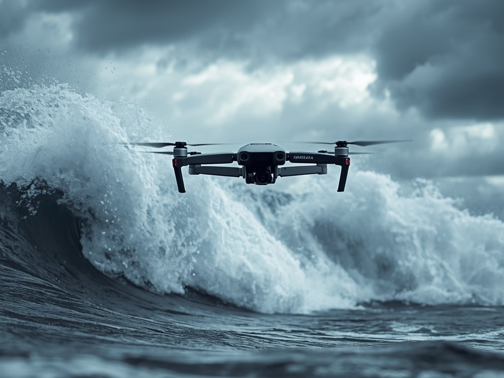 A dramatic image of a waterproof drone hovering over a