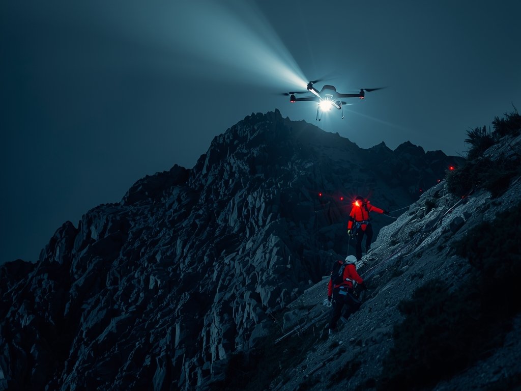 A dramatic nighttime scene of a drone with searchlights sweeping