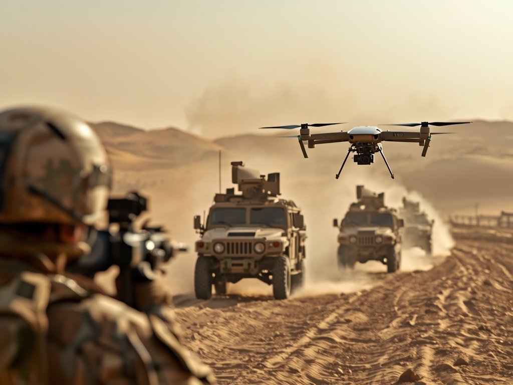 A dramatic scene of a tactical drone flying over a