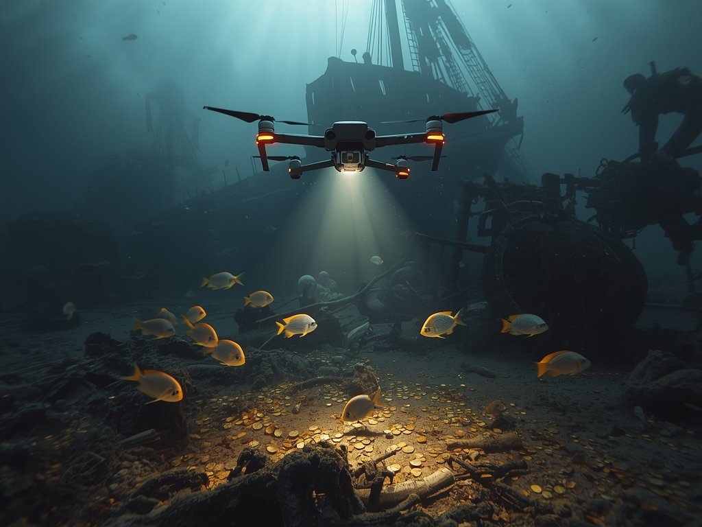 A dramatic scene of an underwater drone hovering over a