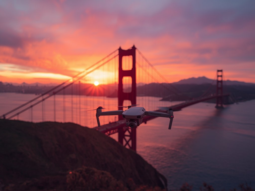 A drone capturing a stunning sunset over the Golden Gate