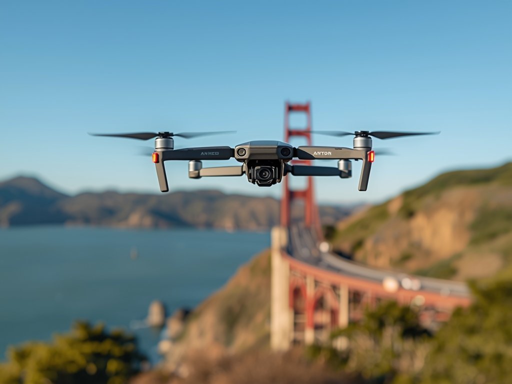 A drone capturing stunning 4K footage of the Golden Gate
