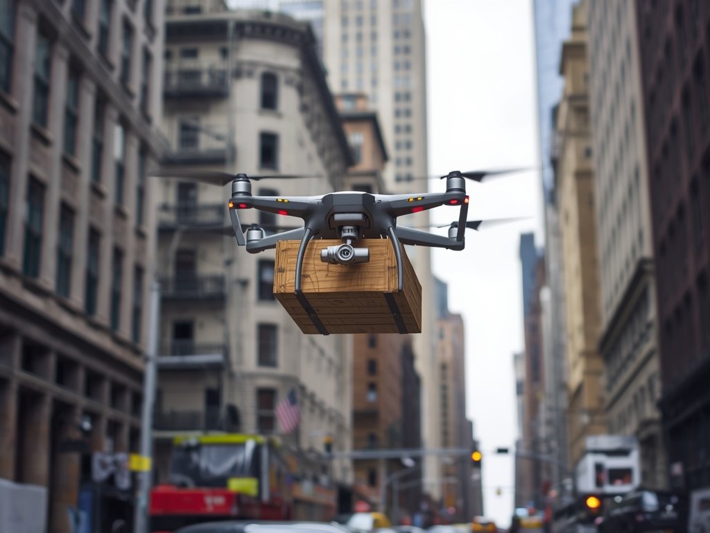 A drone carrying a heavy payload of construction materials across