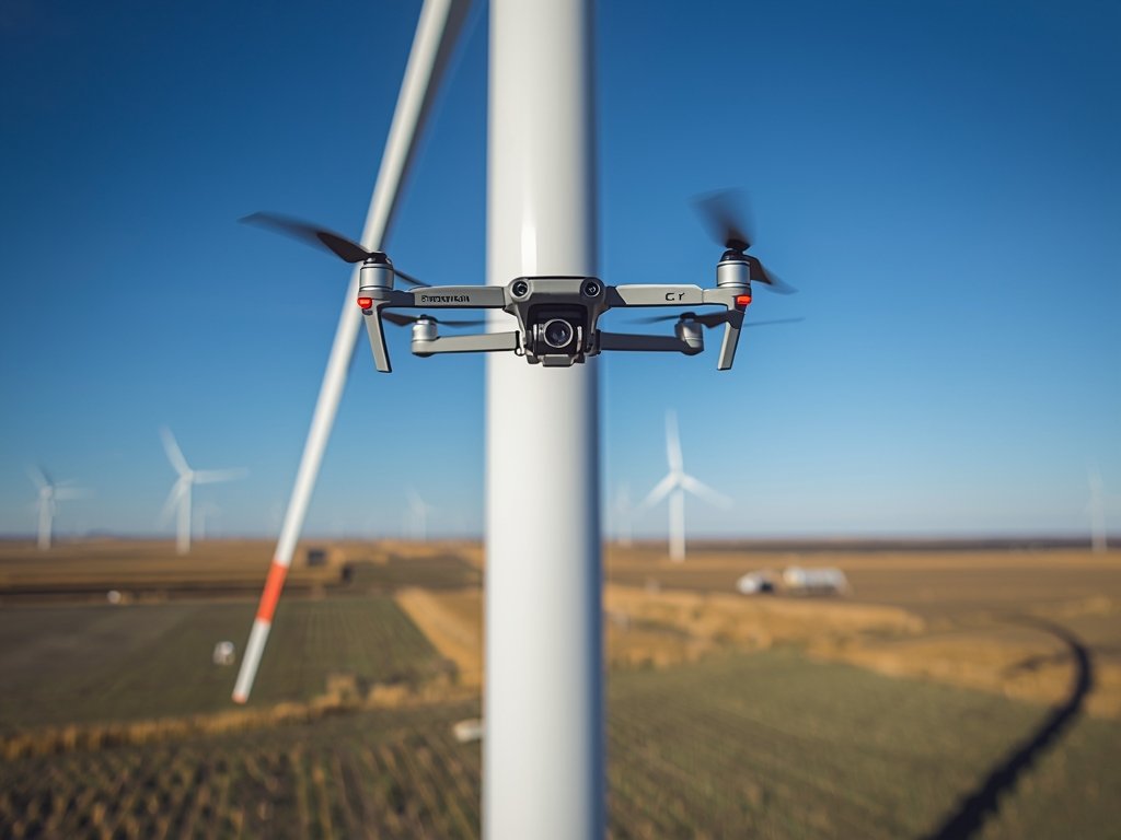 A drone equipped with a high-resolution camera inspecting a towering
