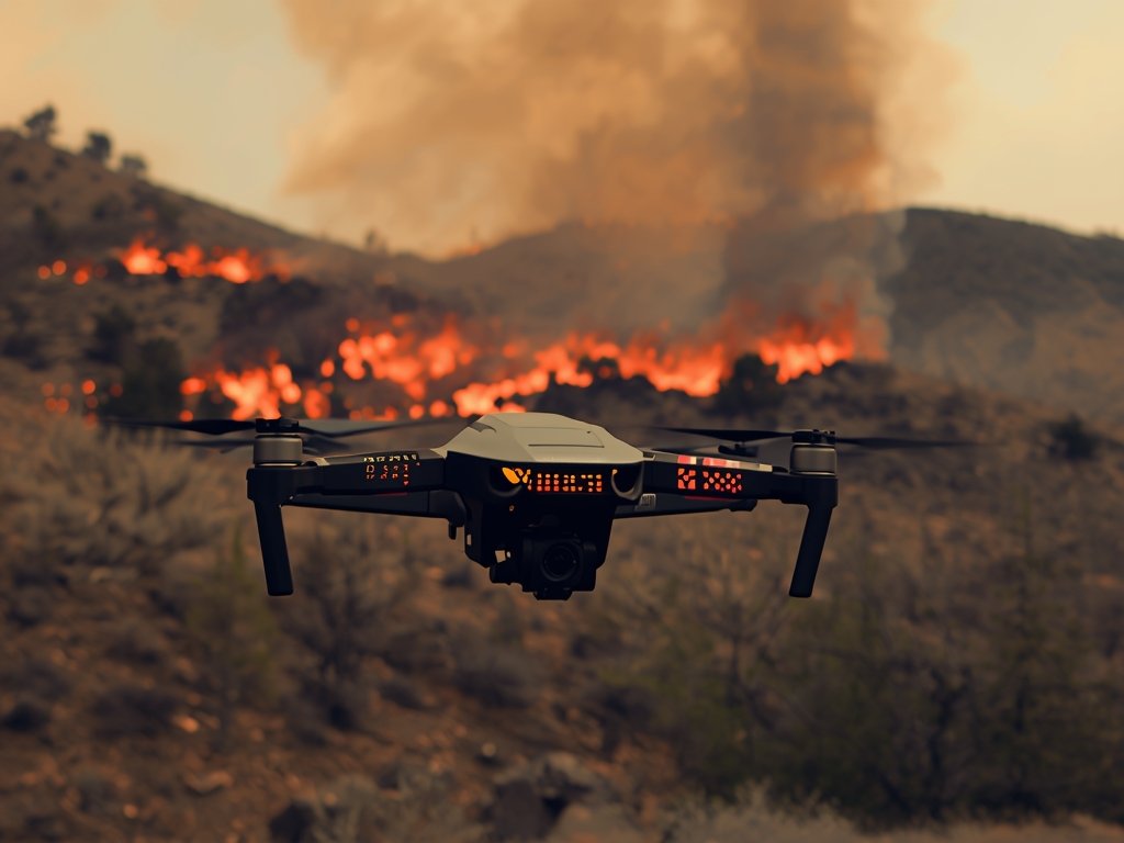 A drone equipped with a thermal imaging camera assisting firefighters