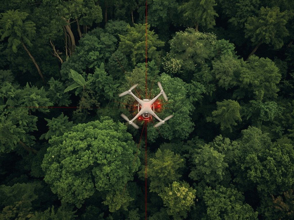 A drone equipped with LiDAR technology flying over a dense,