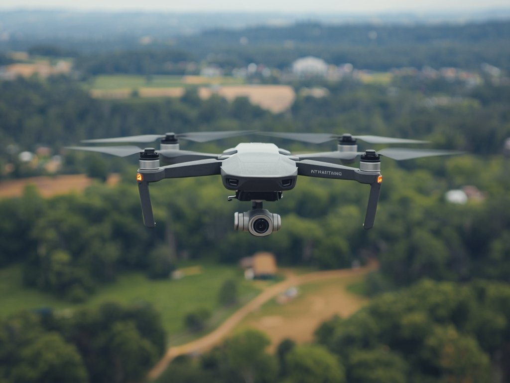A drone flying above a scenic landscape with a small