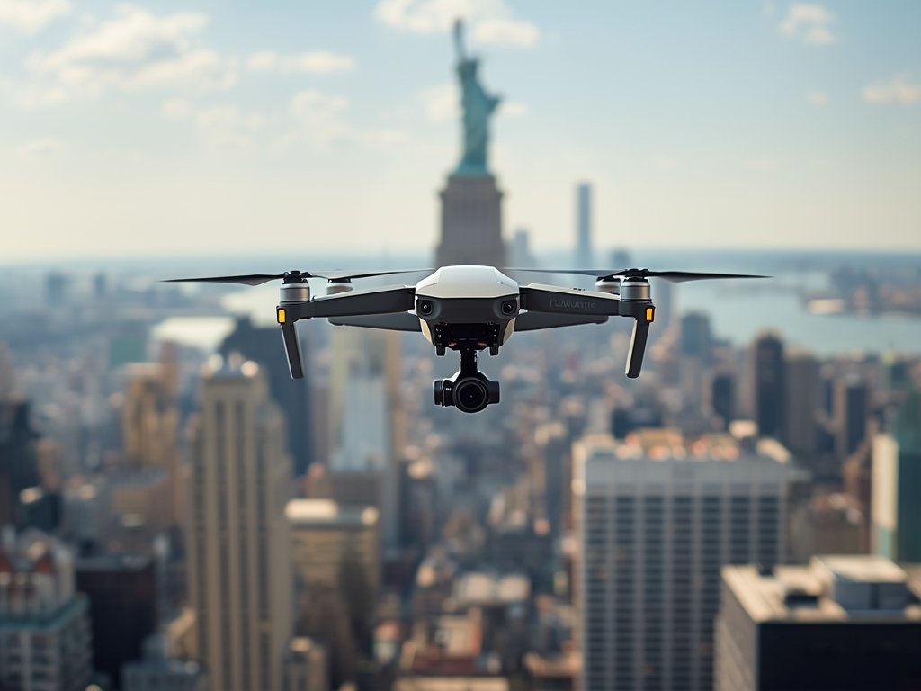 A drone flying over a bustling New York City skyline,